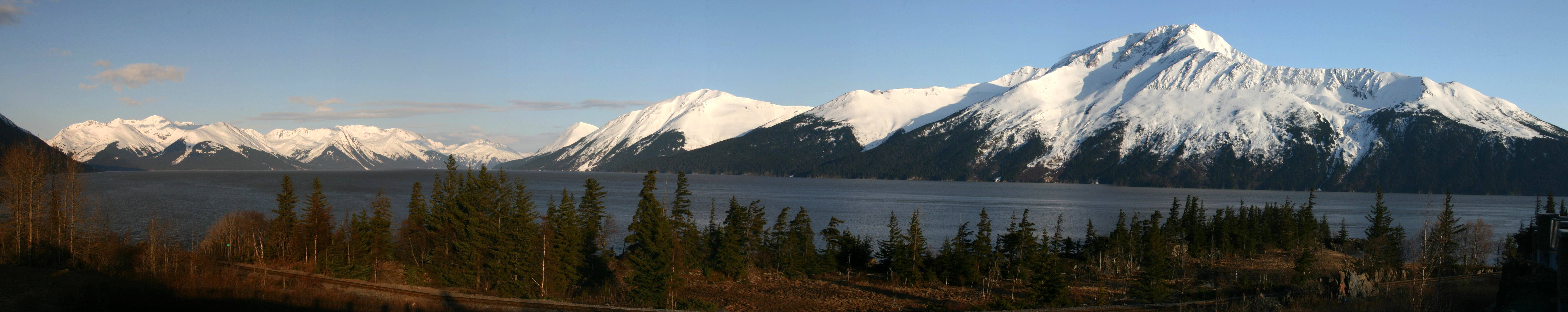 Snow-covered Chugach and Kenai mountains across Turnagain Arm, viewed from Bird Point, Alaska.